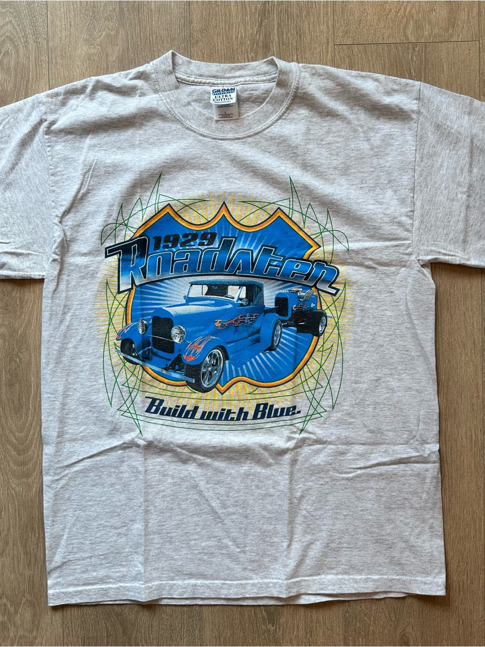 Vintage Ford Gildan Gray Short-Sleeve Tee with Blue 1929 Roadster Graphic